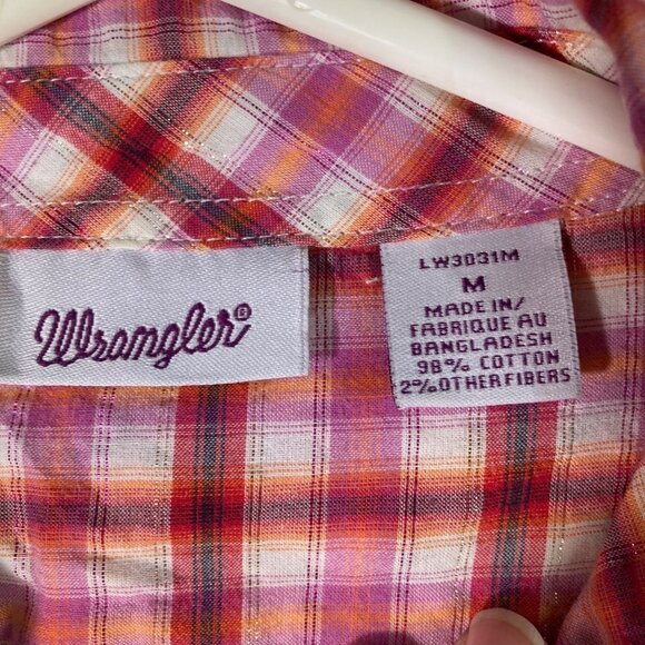 Womens Vintage Long Sleeve Western Pearl Snap Shirt M Pink Orange White - Picture 7 of 7